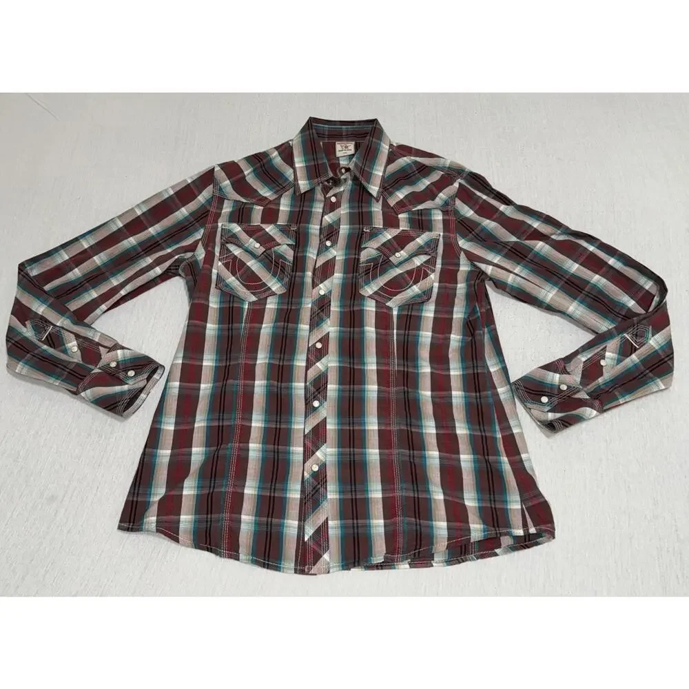 True Religion Pearl Snap Western Plaid Long Sleeve Pockets Mens XXL Shirt Stitch